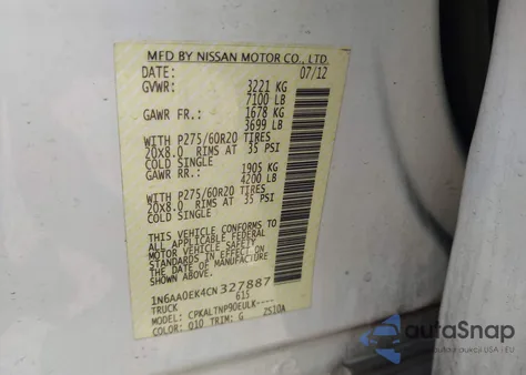 2012 Nissan Titan Sv z USA, uszkodzony, nr VIN 1N6AA0EK4CN327887